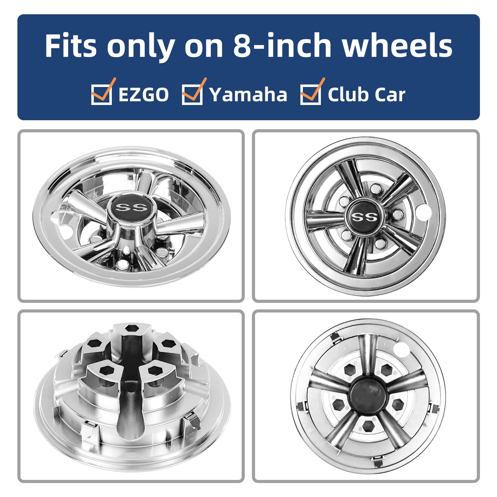 Nokins Golf Cart Hubcaps 8 Inch Set Of 4, Club Car/Ezgo/Yamaha Tires Wheel Covers,Chrome Accessory & Accessories