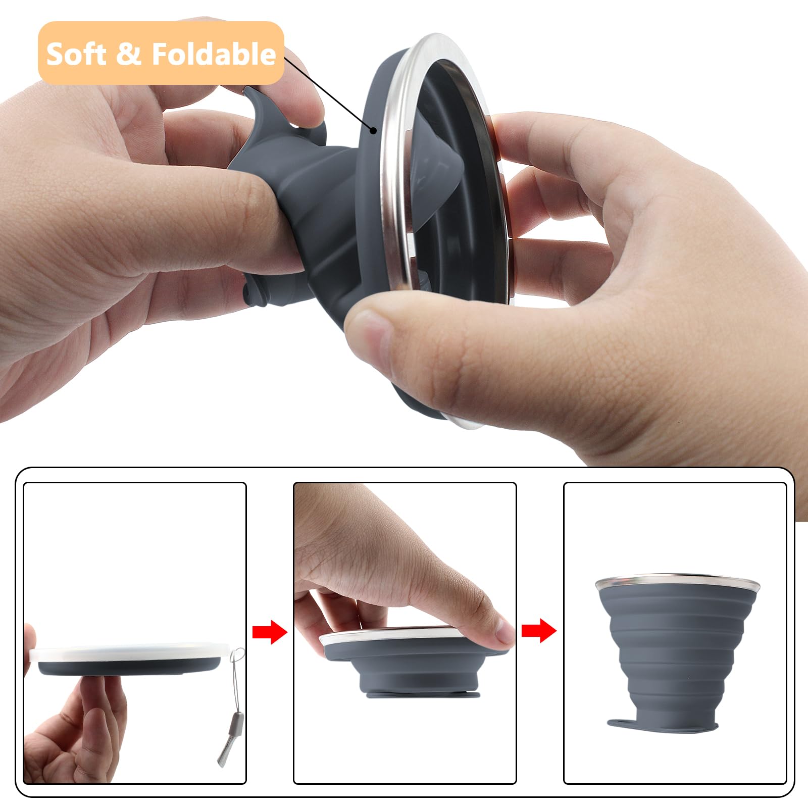Litoexpe 4 Pack Silicone Collapsible Travel Cup Portable Folding Camping Cup Sets With Lids, Dark Gray & Pink & Navy Blue &Teal,
