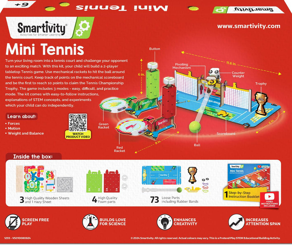 Smartivity Tabletop Tennis - Pickleball Game Kit For Kids 6 To 12, 2-Player Stem Toy With Mechanical Rackets & Scoreboard, Birth