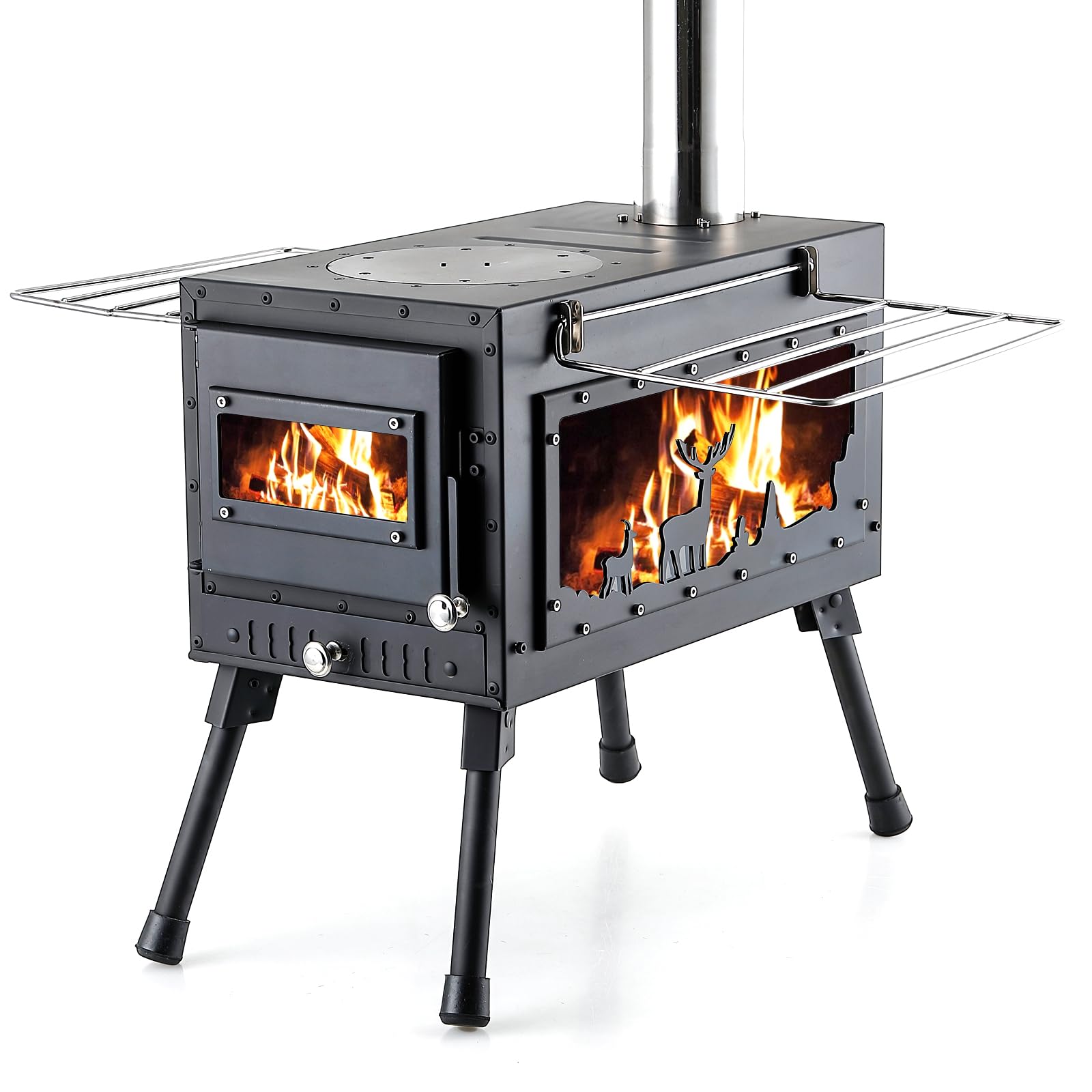 Womeyork Outdoor Camping Stove, Portable Wood Burning Stove With Chimney Pipe For Tent, Shelter, Heating And Cooking (Black-Larg