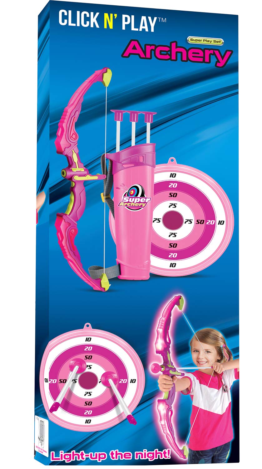 Click N' Play Pink Bow & Arrow Archery Set For Girls, Toy Bow & Arrow That Lights Up For Outdoor Play With 3 Suction Cup Arrows,