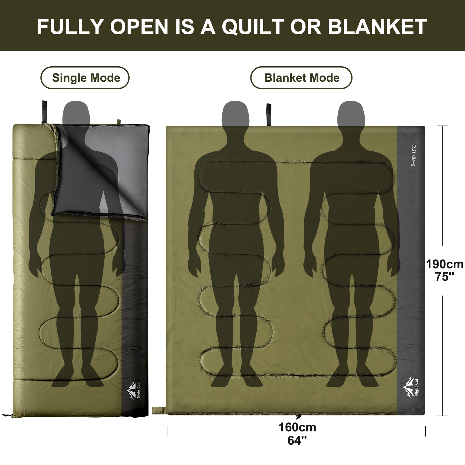 Night Cat Camping Sleeping Bag For Adults 3 Seasons Portable Lightweight Backpacking Hiking Traveling Indoor Outdoor Temperature