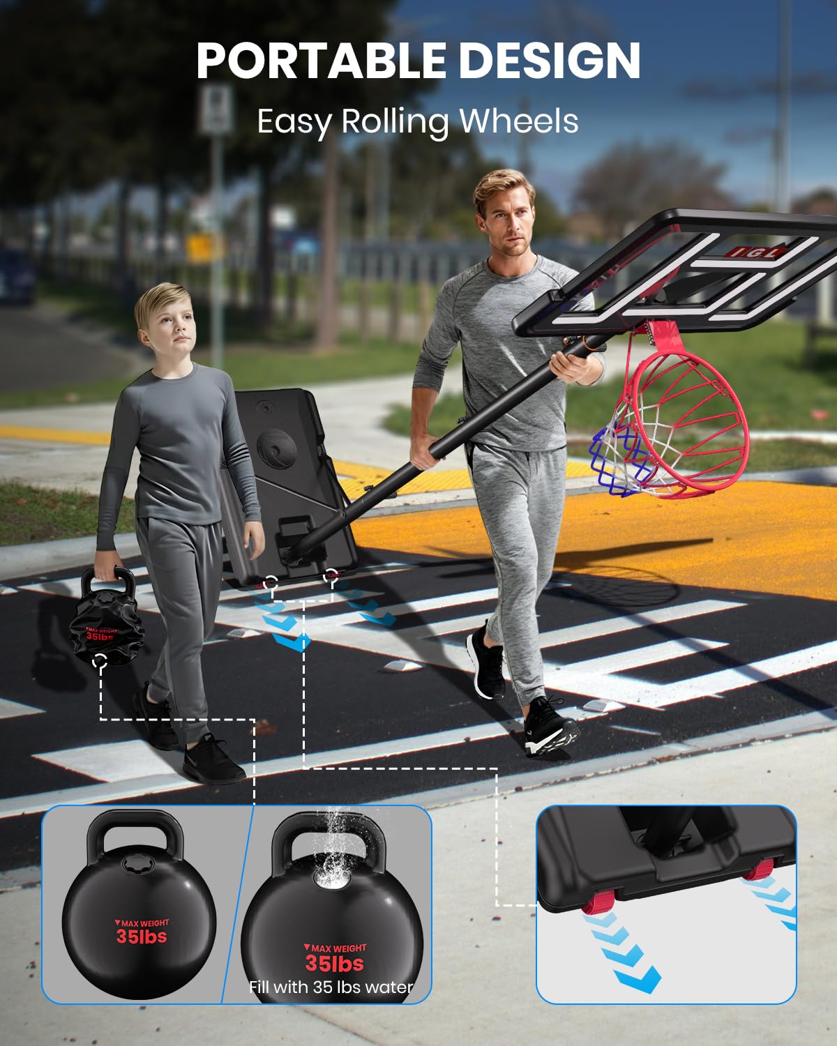 IGL Basketball Hoop Outdoor, 44 Inch Portable Basketball Hoops, 5.6-10 FT Adjustable Basketball Goal System with 35 LB Base Anch