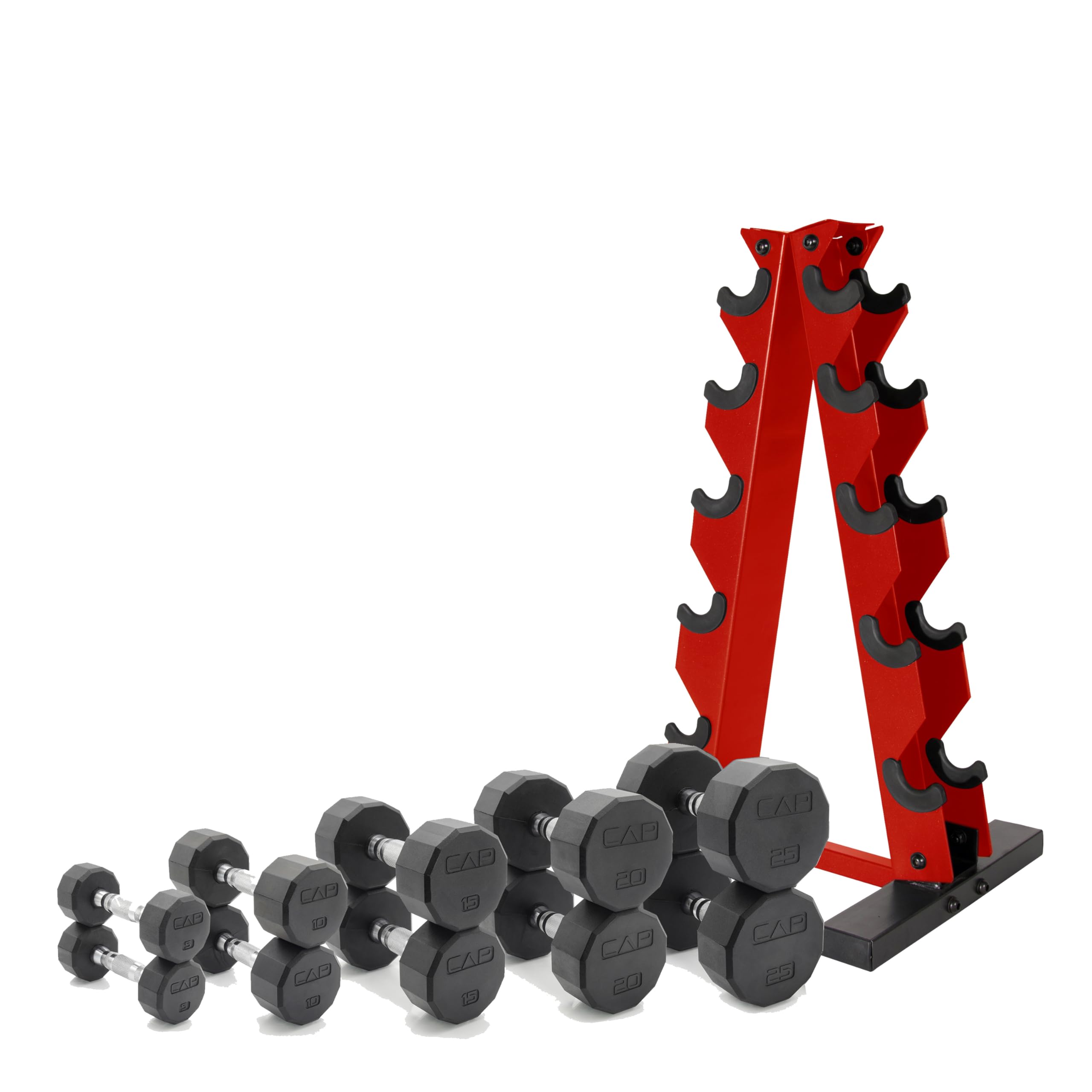 CAP Barbell 150 LB Chrome Handle Coated 12-Sided Dumbbell Set with Vertical Red Rack