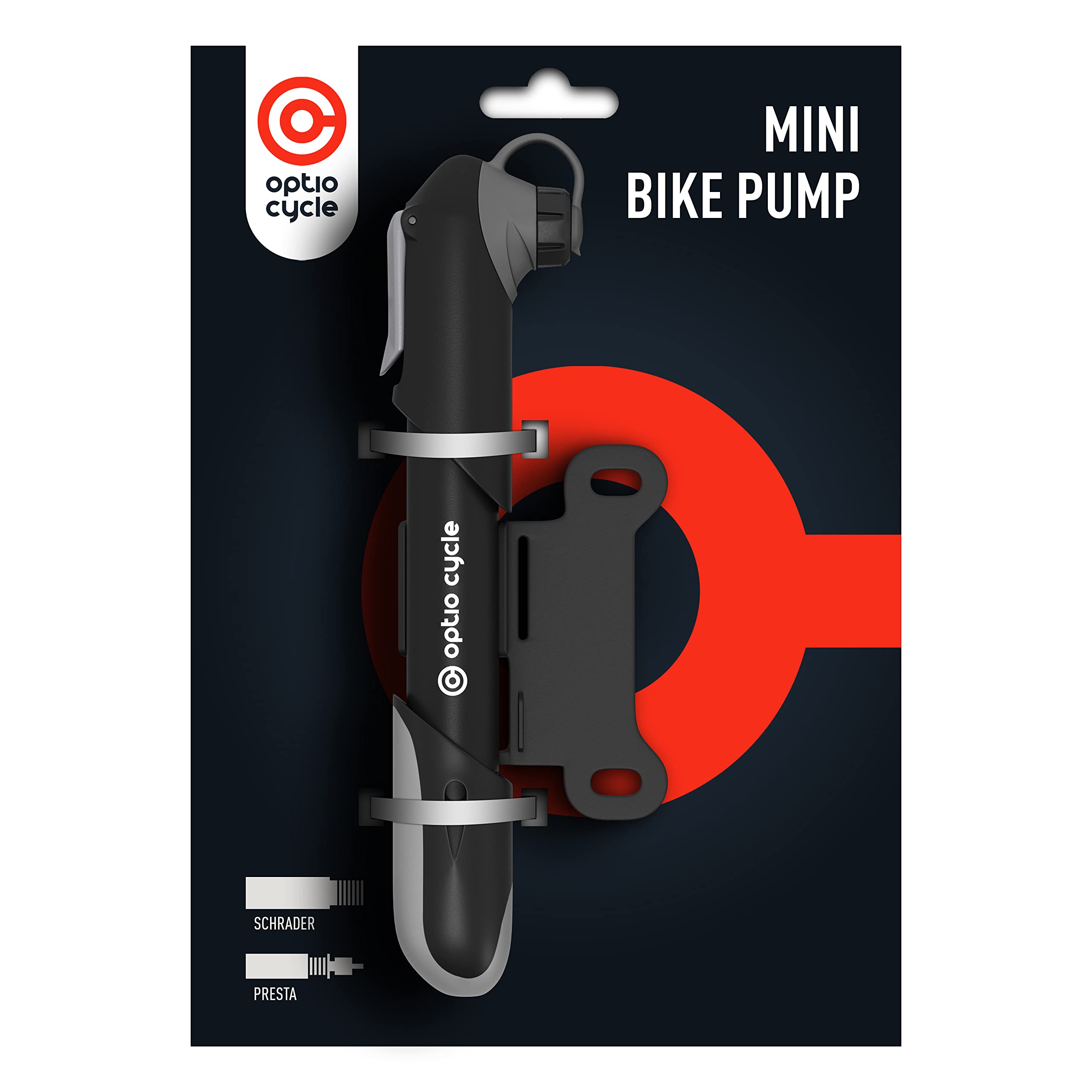 Optio Cycle Mini Bike Pump 120 PSI / 8.3 Bar - Compact Portable Frame-Mounted Bicycle Hand Air Pump for Presta and Schrader Valv