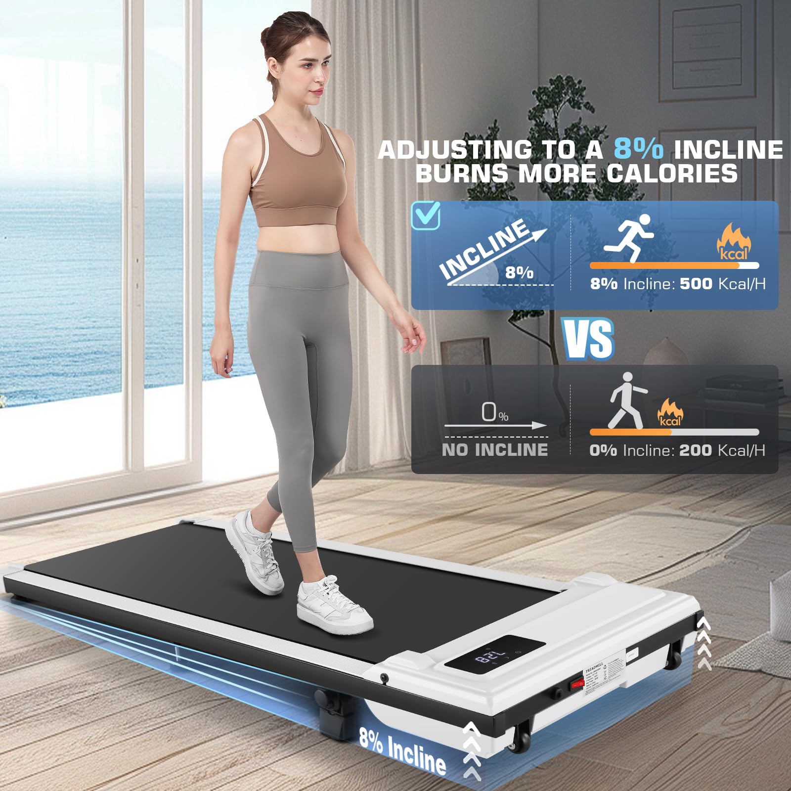 Incline Under Desk Treadmill,4 In 1 Walking Pad Treadmill For Home,2.5Hp Treadmill 300Lb Capacity,Folding Compact Treadmill With