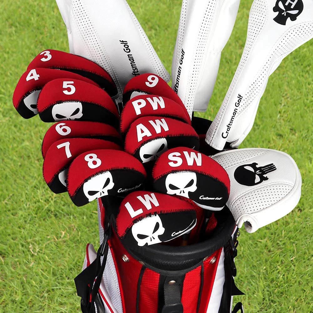 Craftsman Golf 11Pcs Multi Color Skull Golf Club Neoprene Iron Head Cover Headcover Set Protector Cases (Red & Black)