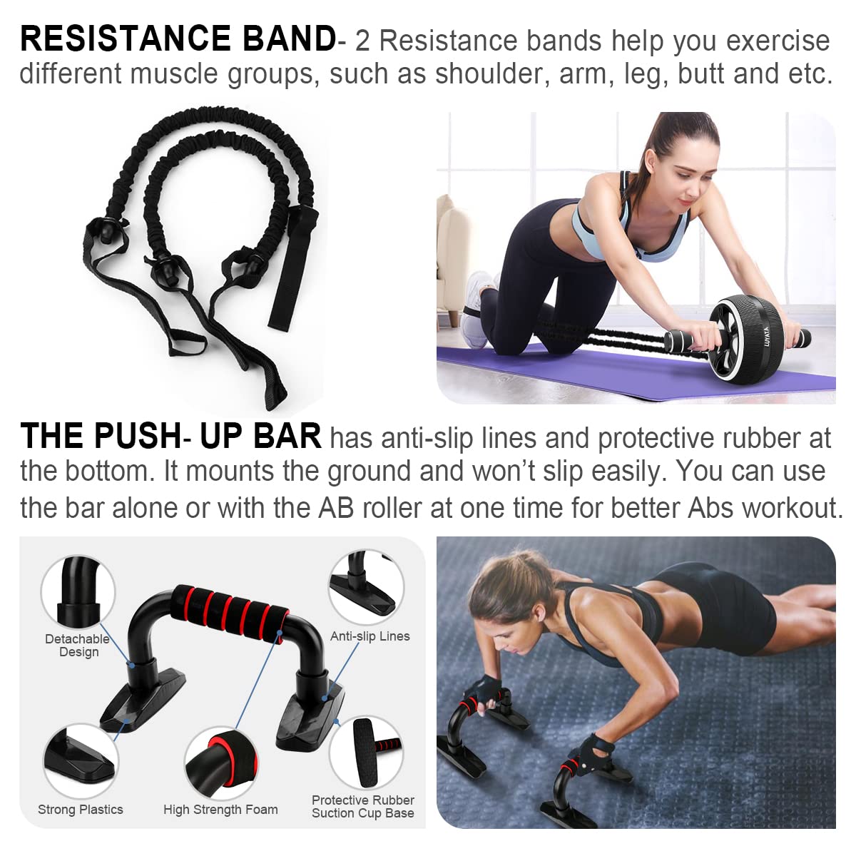 Ab Roller Wheel, 10-In-1 Ab Exercise Wheels Kit With Resistance Bands, Knee Mat, Jump Rope, Push-Up Bar - Home Gym Equipment For