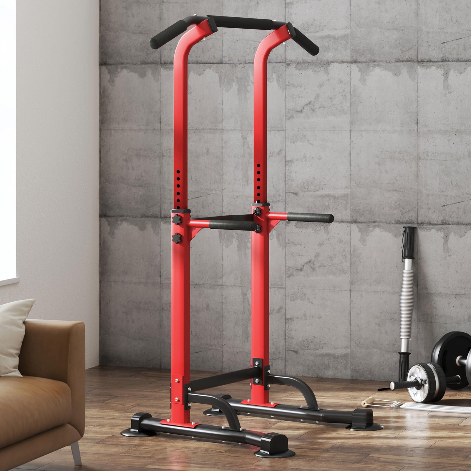 Sogespower Power Tower Dip Station Pull Up Bar For Home Gym Adjustable Height Strength Training Workout Equipment,Red