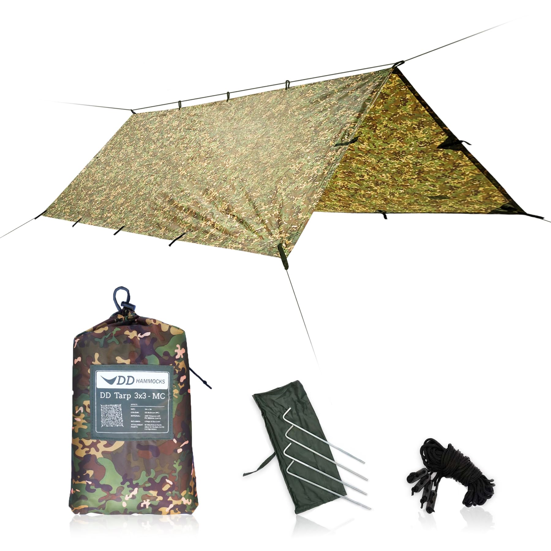 Dd Hammocks - Dd Tarp 3X3 - Mc (10Ft X 10Ft) - 100% Waterproof - Lightweight & Multifunctional Camo Rainfly Tarp Tent Shelter Fo