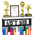 DSVENROLY Medal Hanger Display with Wooden Trophy Shelf Rack, Wall Mount Race Bib Holder with 2 Metal Hooks, Award Storage Stand