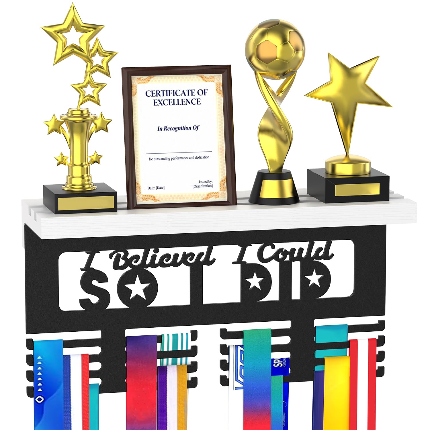 DSVENROLY Medal Hanger Display with Wooden Trophy Shelf Rack, Wall Mount Race Bib Holder with 2 Metal Hooks, Award Storage Stand