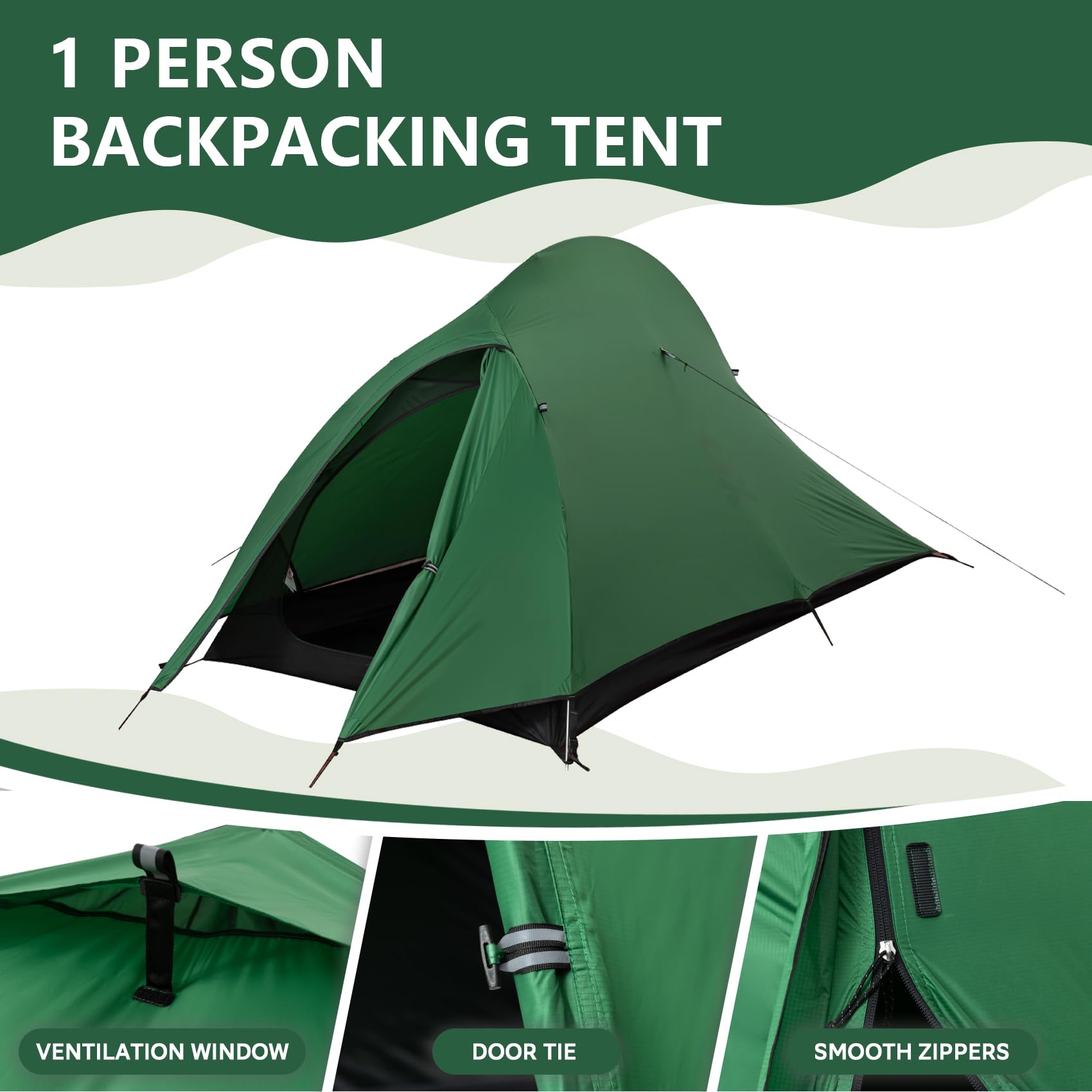 1-Person Lightweight Backpacking Tent - Waterproof Tent For Single Person, Ultralight Camping Tent For Outdoor, Easy Setup For O