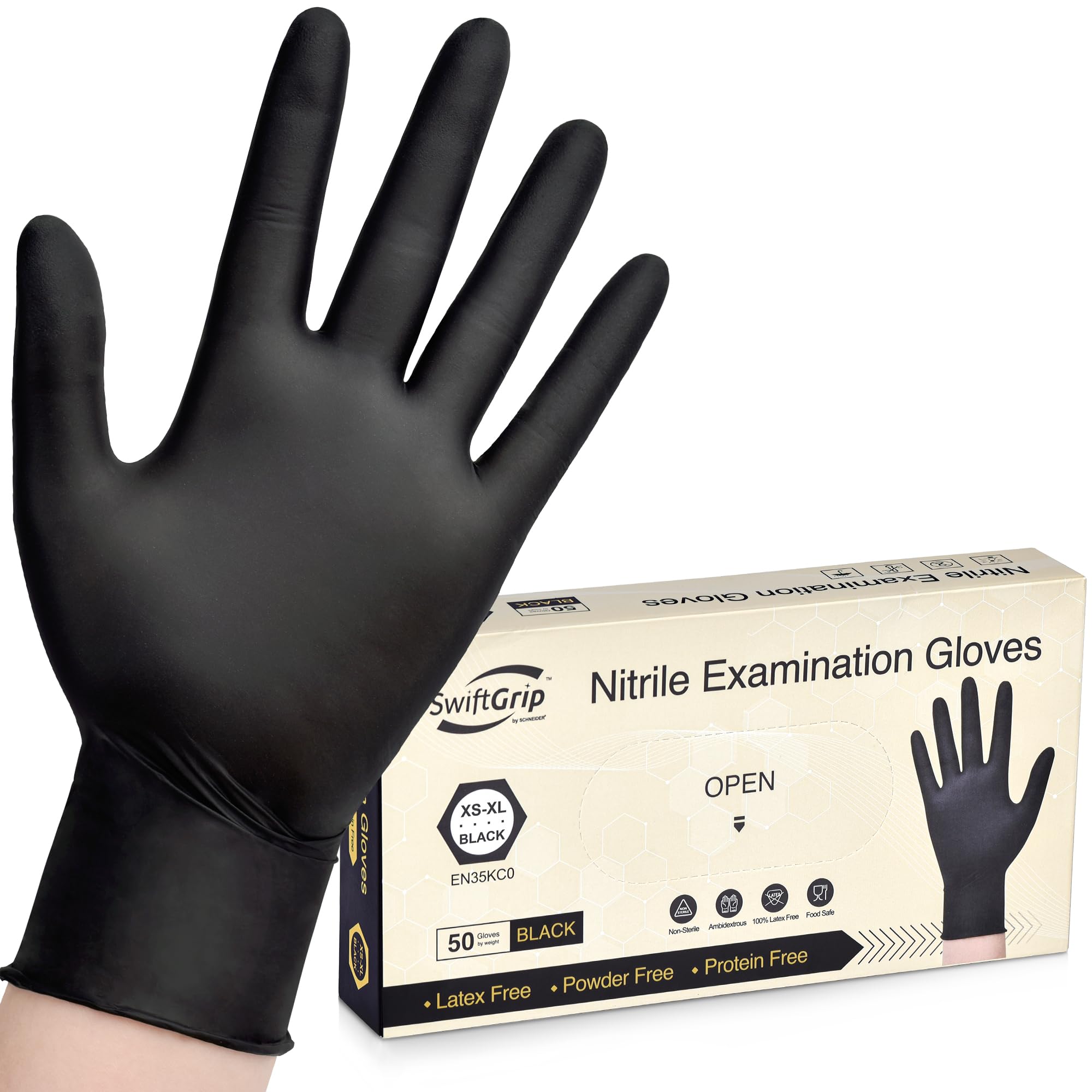Swiftgrip Disposable Nitrile Exam Gloves, 3-Mil, Black Nitrile Gloves Disposable Latex Free For Medical, Cooking  Esthetician, F