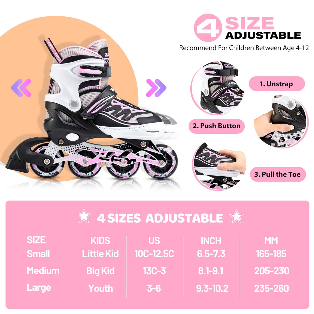 2Pm Sports Cytia Pink Girls Adjustable Illuminating Inline Skates With Light Up Wheels, Fun Flashing Beginner Roller Skates For
