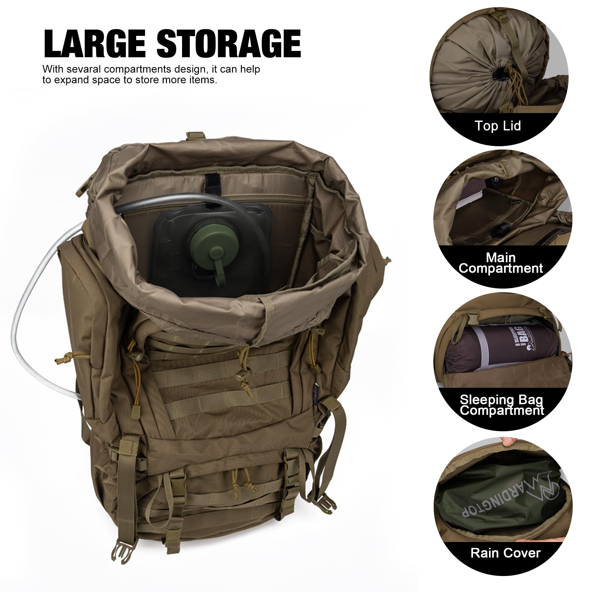 Mardingtop 60L Molle Hiking Internal Frame Backpacks With Rain Cover For Camping,Backpacking,Travelling(Khaki)