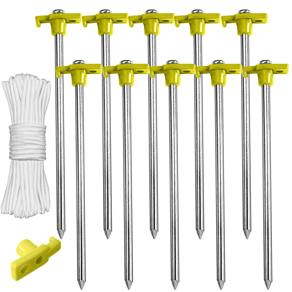 Abccanopy 15 Inch Tent Stakes 10 Pcs Non-Rust Metal Ground Anchors, Heavy Duty Spikes With 4 Ropes For Outdoor Camping, Yellow