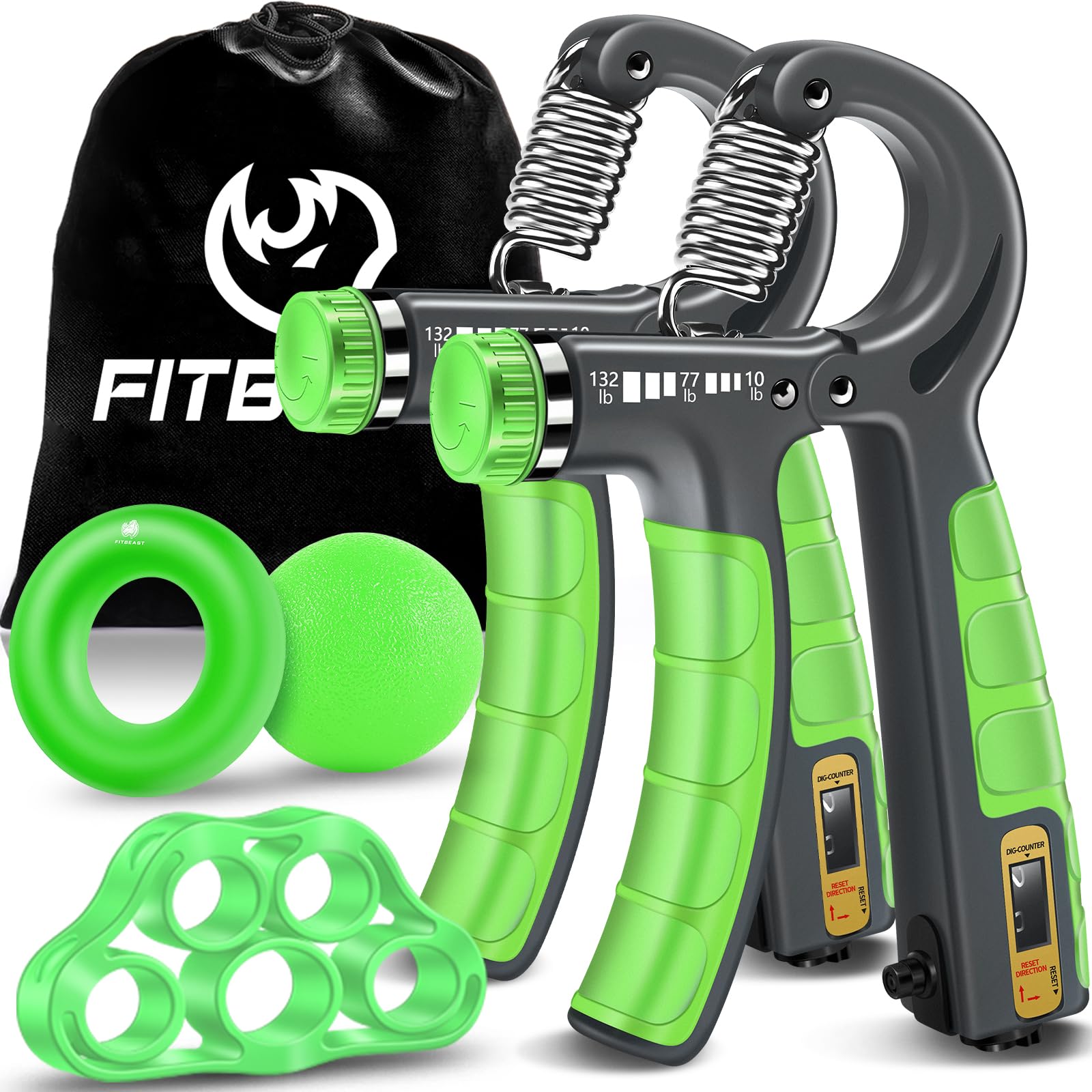Fitbeast Forearm Strengthener Set - 2 Adjustable Hand Grippers With Counters For Athletes And Muscle Building - 5 Pack, Light Gr