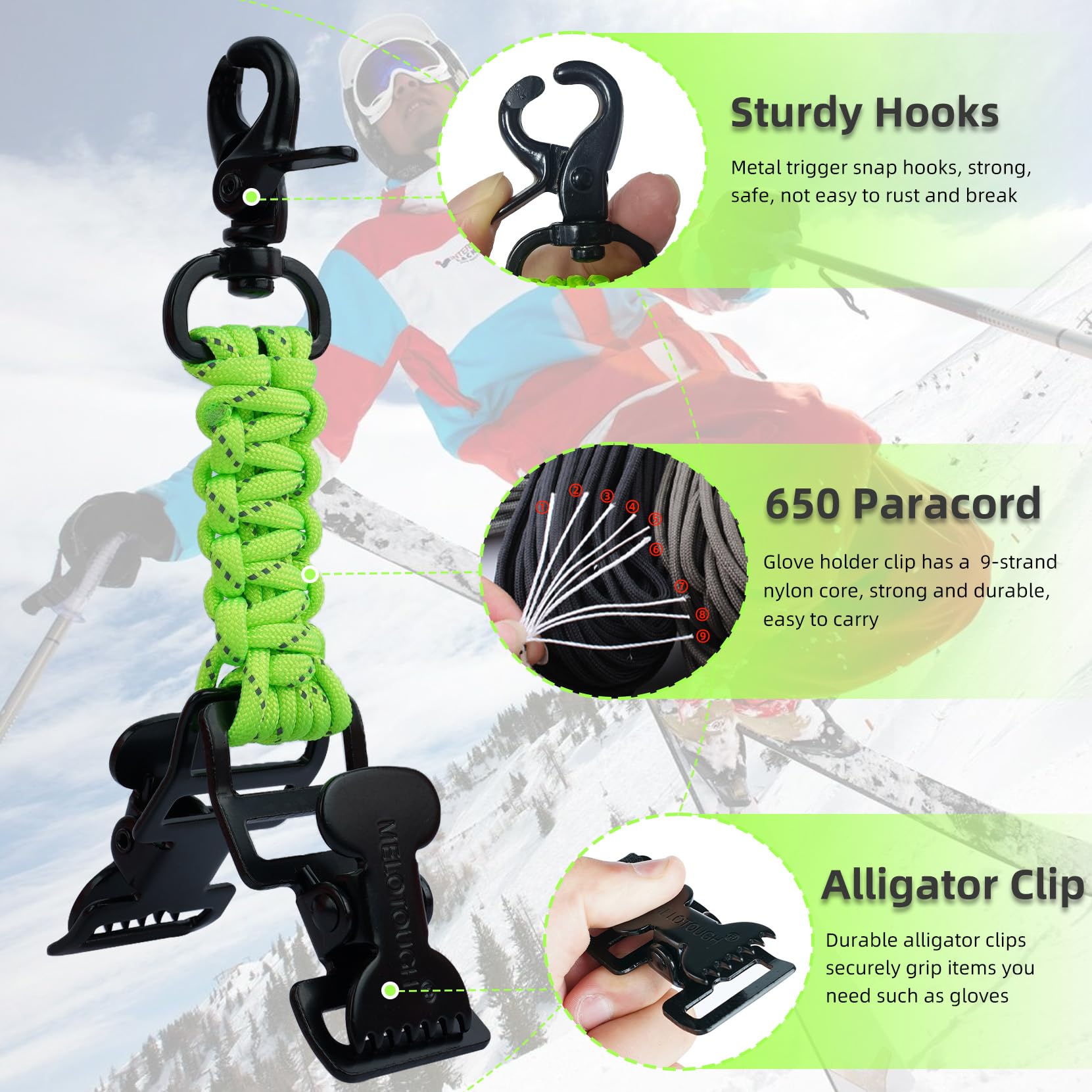 Melotough Tactical Glove Holder Work Glove Belt Clip With 2 Alligator Clips For Hiking,Camping,Hunting,Outdoor Activities (Lime