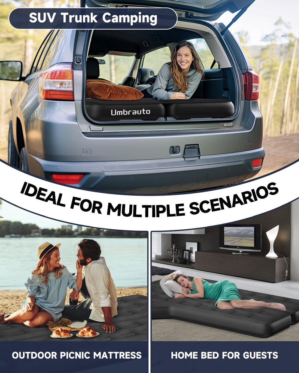 Umbrauto Heavy-Duty Suv Air Mattress W/Quick-Inflate Car Pump| Durable 2-Chamber Inflatable Van Sleeping Bed For Camping & Trave