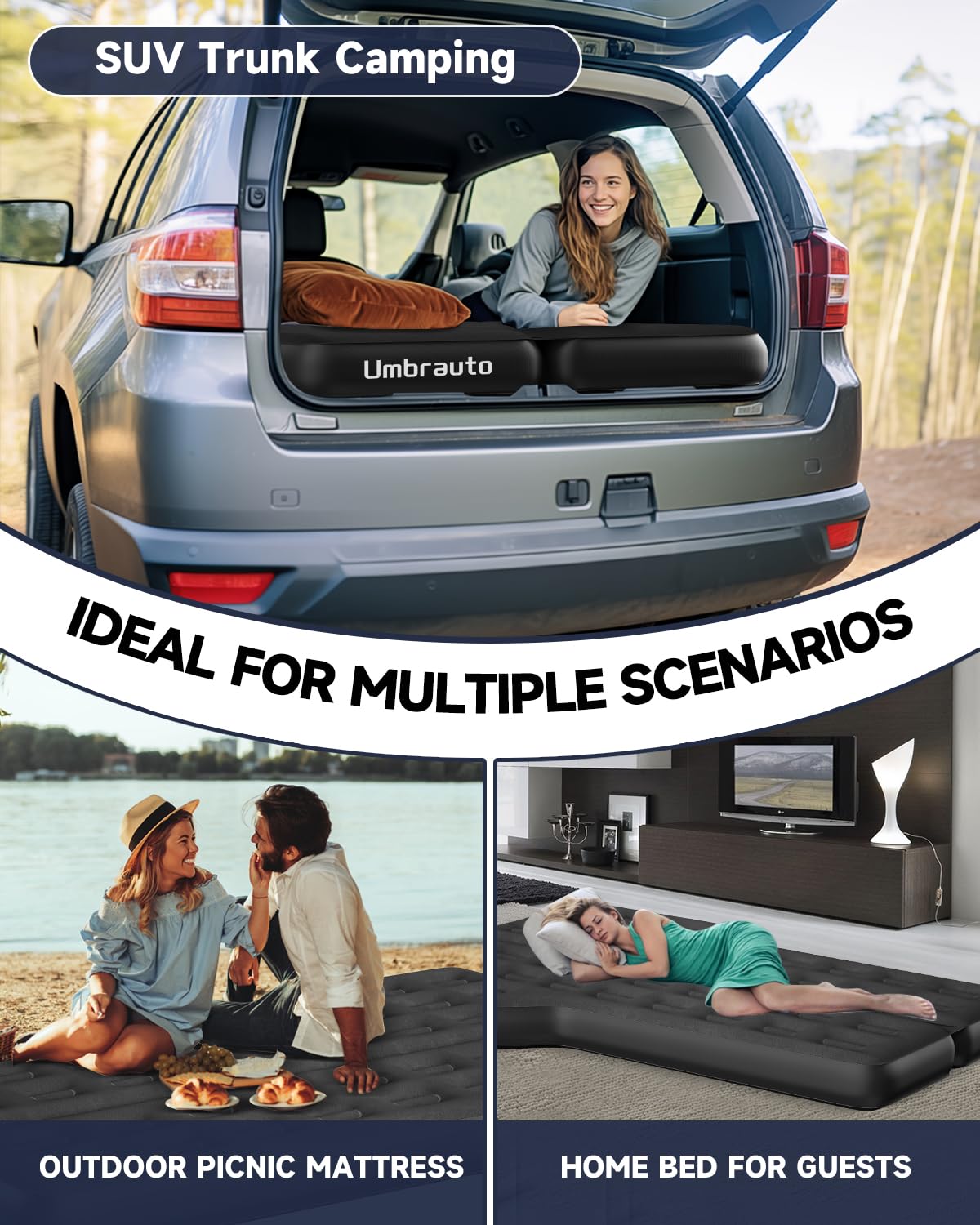 Umbrauto Heavy-Duty Suv Air Mattress W/Quick-Inflate Car Pump| Durable 2-Chamber Inflatable Van Sleeping Bed For Camping & Trave