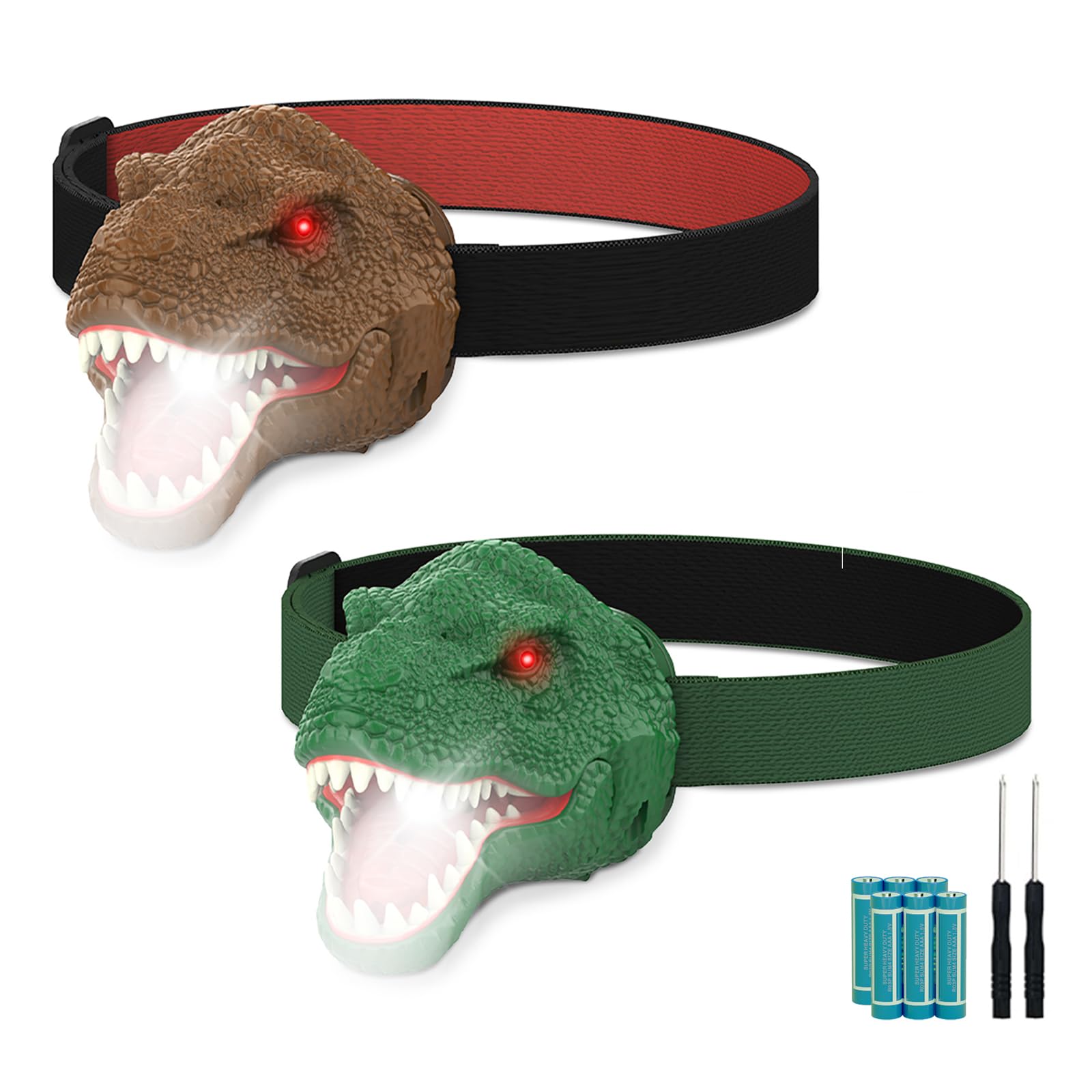 ELLA MAMA 2PCS Dinosaur Headlamp Flashlight Outdoor Camping Gear LED Reading Headlamp, Hiking Headlight for Kids or Adults, Idea