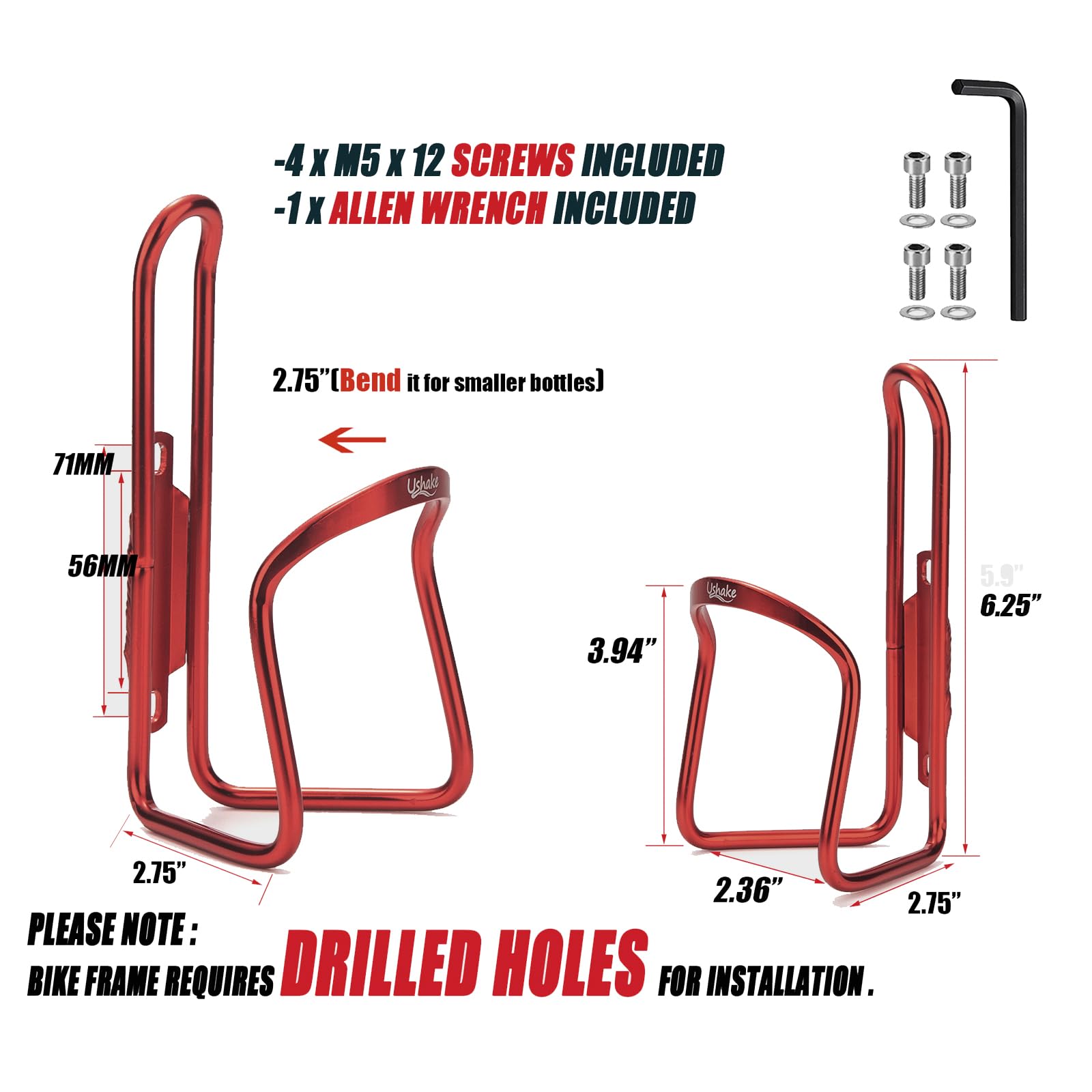 Ushake Water Bottle Cages For Mtb Bikes - Lightweight Aluminum Alloy Holder Brackets - Easy To Install With Drilled Holes - 2 Pa