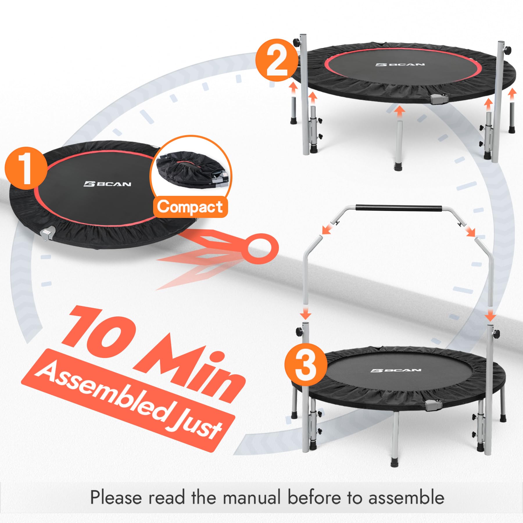 Bcan 40/48'' Foldable Mini Trampoline Max Load 330Lbs/440Lbs, Fitness Rebounder With Adjustable Foam Handle, Exercise Trampoline