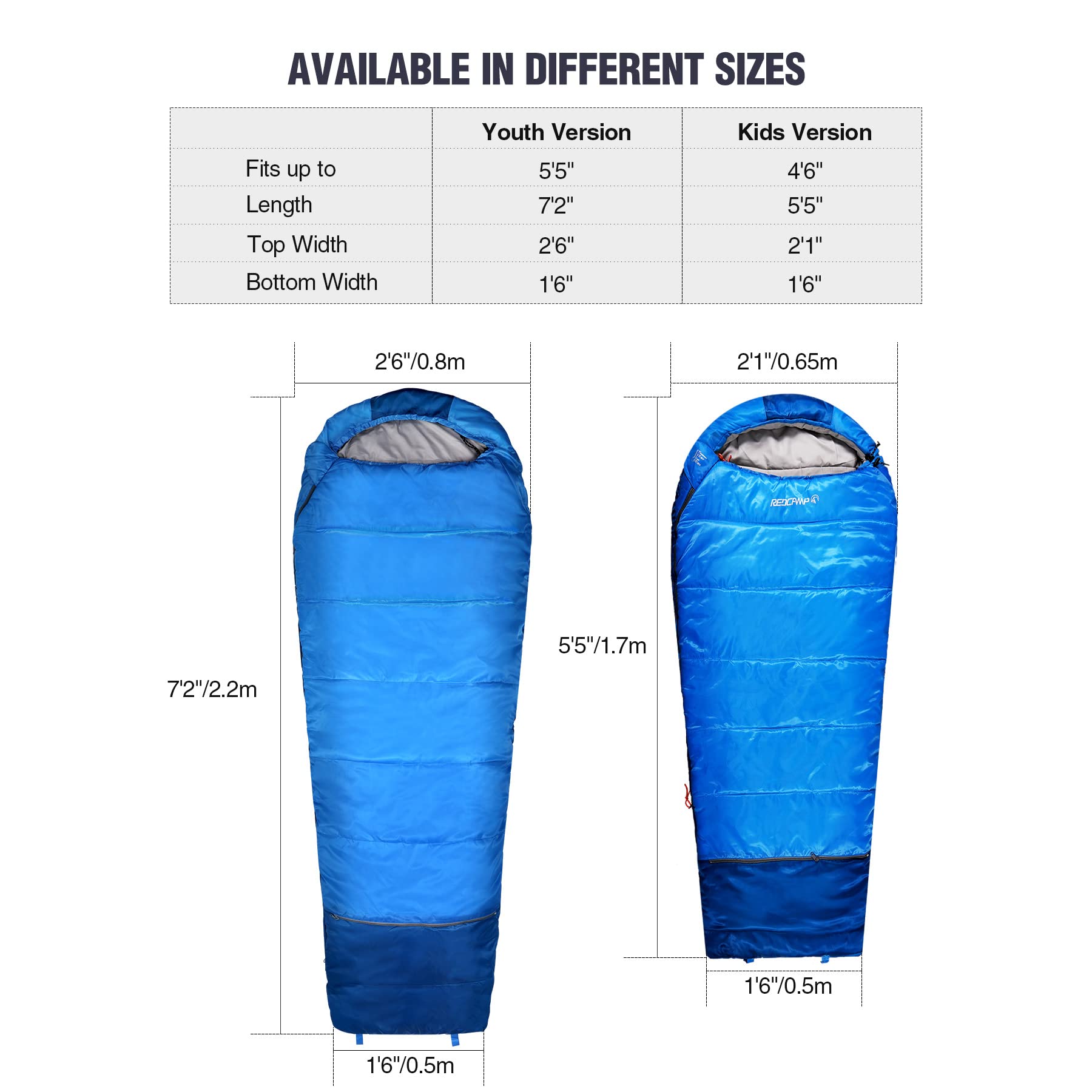 Redcamp Youth Mummy Sleeping Bag For Camping Zipped Small, 40 Degree 3 Season Cold Weather Kids Sleeping Bag Fit Boys & Teens