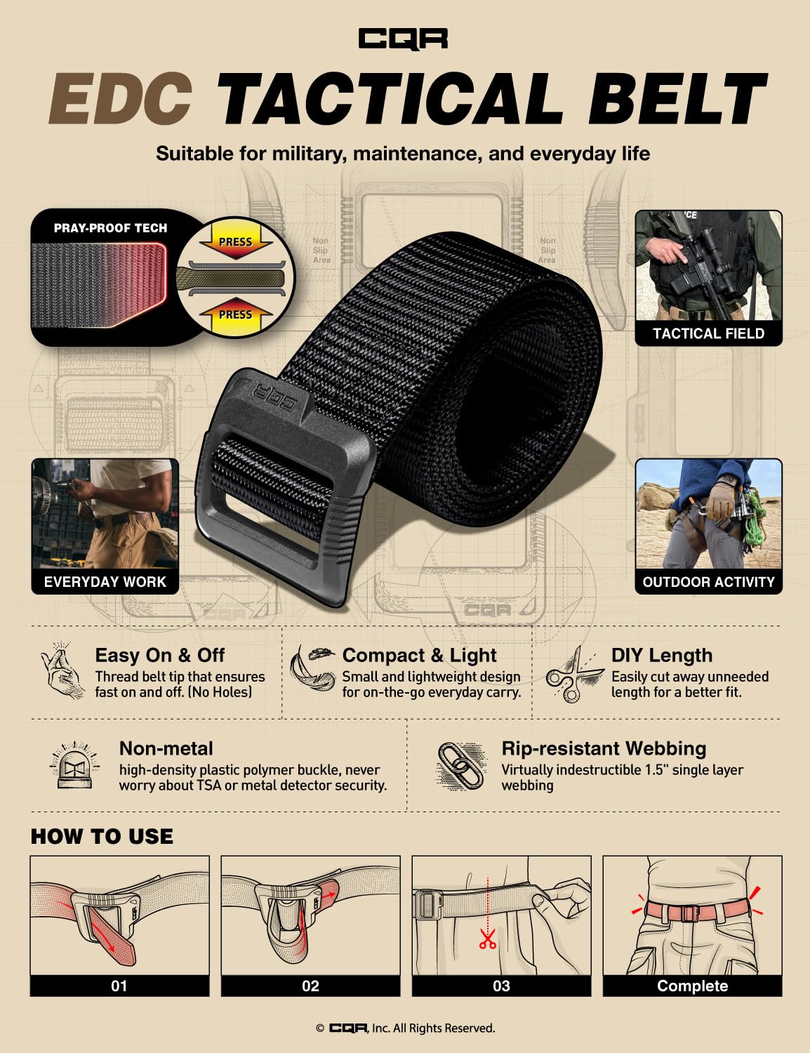 Cqr Tactical Belt, Military Style Heavy Duty Belt, Webbing Edc Quick-Release Buckle, 2Pack Plastic Flip Tab Black/Black, Medium