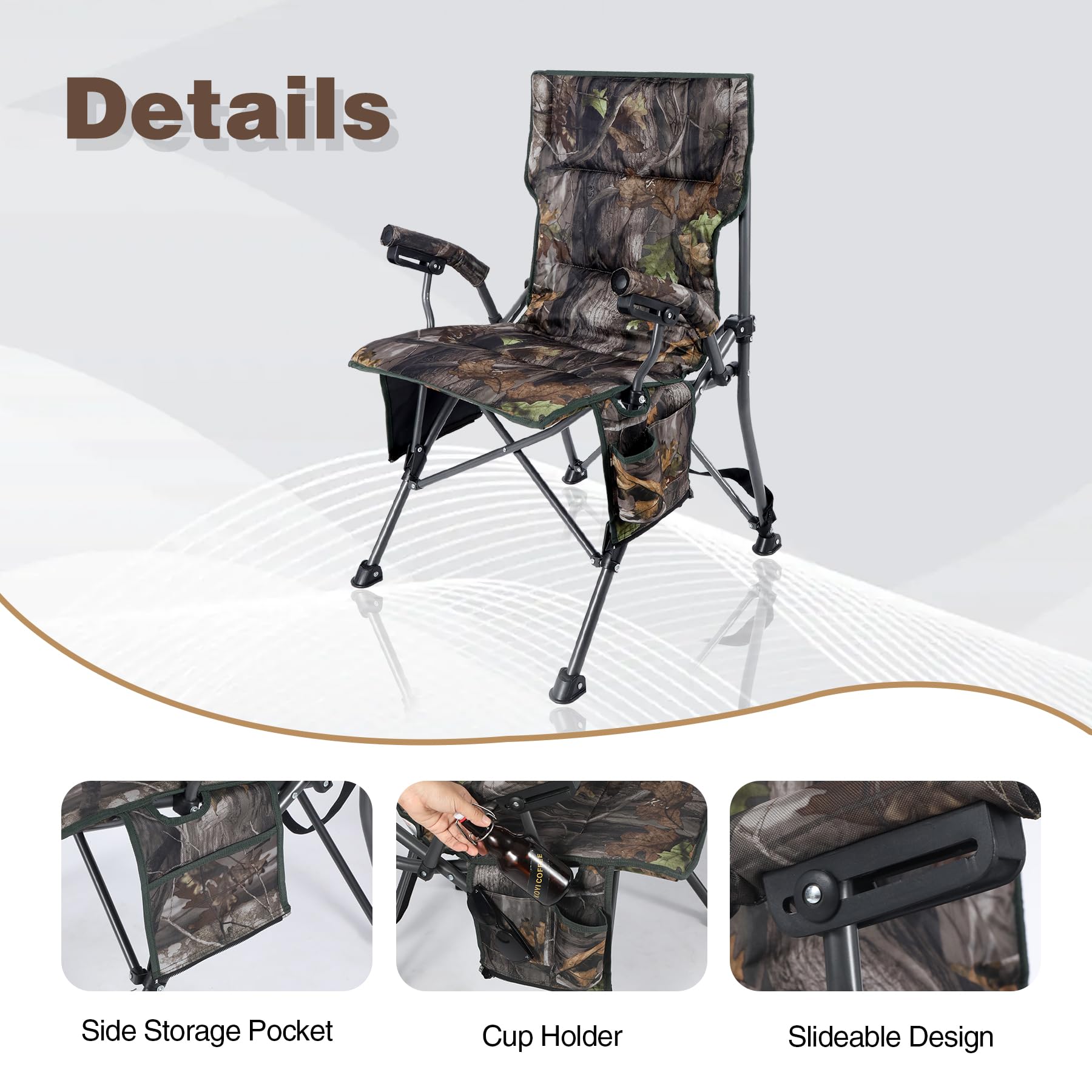 Redcamp Oversized Folding Camping Chair For Adults, Support 330Lbs Heavy Duty Fully Padded Hunting Chair With Cup Holder Side Po