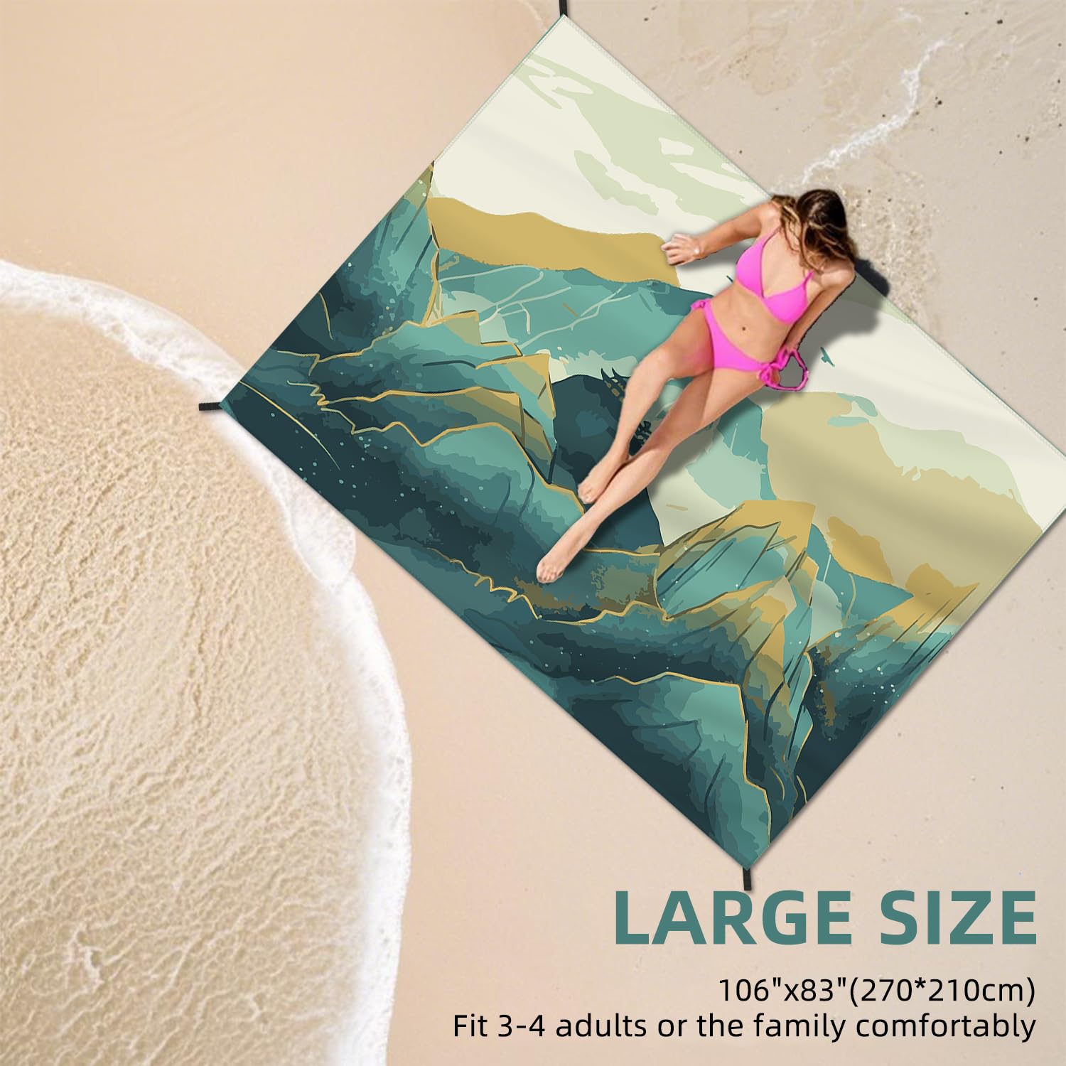 Beach Blanket Waterproof Sandproof Large Beach Mat 83 X 106 For 5-7 Adults Sand Free Mat Quick Drying,Oversized,Lightweight & Du