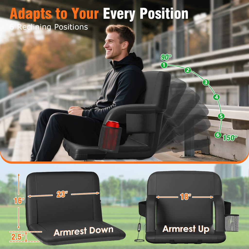 Suteck 2Pc Dual-Side Heated Stadium Seat With Back Support, 23 Wide Cushion, Foldable Bleacher Chair W/Usb 3-Level Heating, 5 St