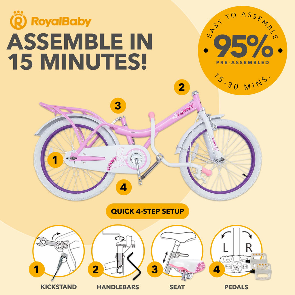 Royalbaby Princess Girl Children'S Bicycle Outdoor Ride-On Bike With Kickstand, Adjustable Seat, And Basket, 20 Inch, Bunny/Pink