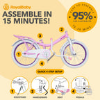 Royalbaby Princess Girl Children'S Bicycle Outdoor Ride-On Bike With Kickstand, Adjustable Seat, And Basket, 20 Inch, Bunny/Pink