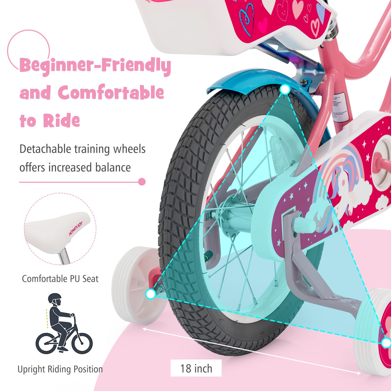 Baby Joy Kids Bike, 14 Inch Kids Bicycle W/Training Wheels, Adjustable Seat Handlebar Height, Storage Basket, Doll Seat, Handbra
