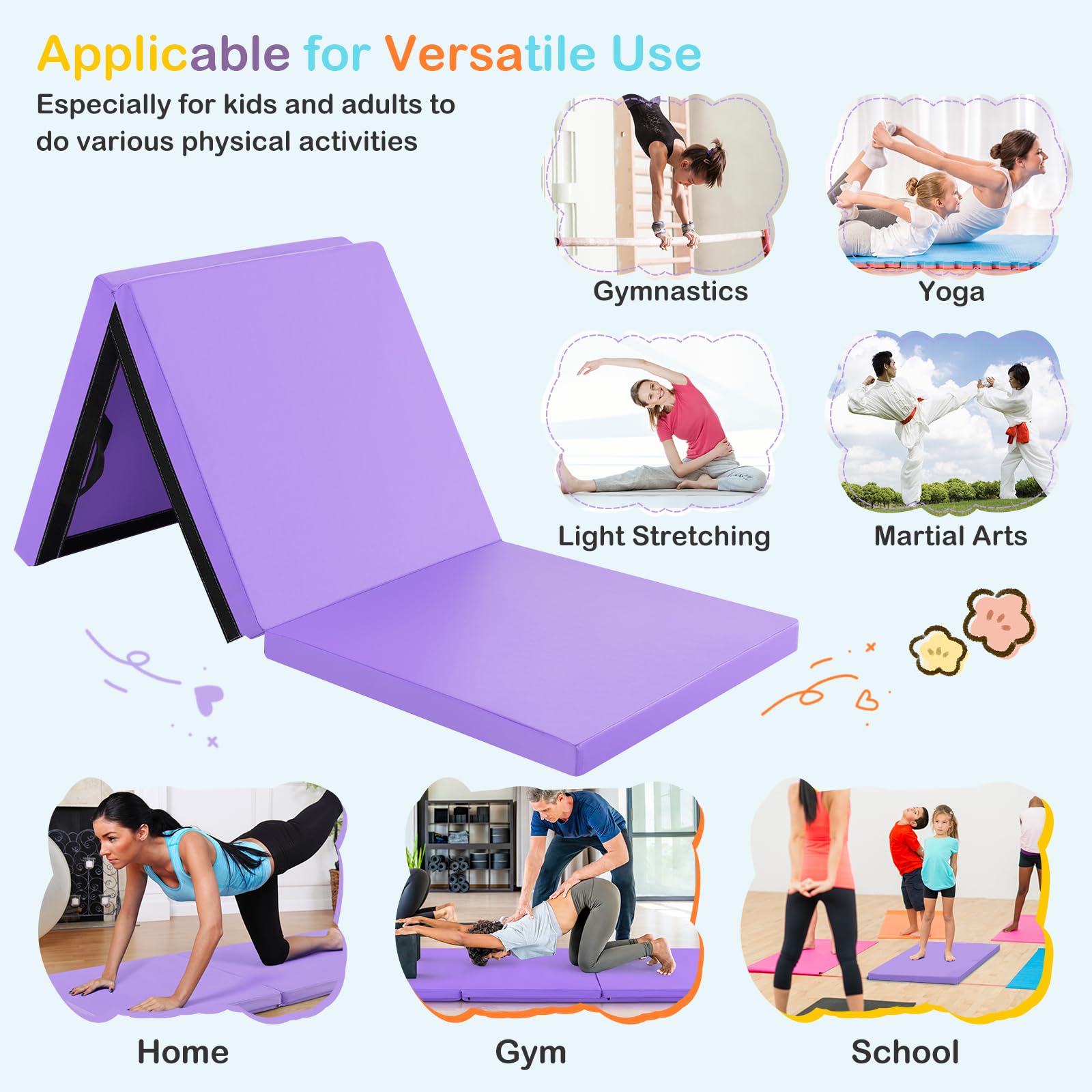 Gymax Folding Gymnastics Mat, Tri-Fold 6X 2X 2Exercise Mat With Carrying Handles, Waterproof Pu Leather, Hook & Loop Fasteners,