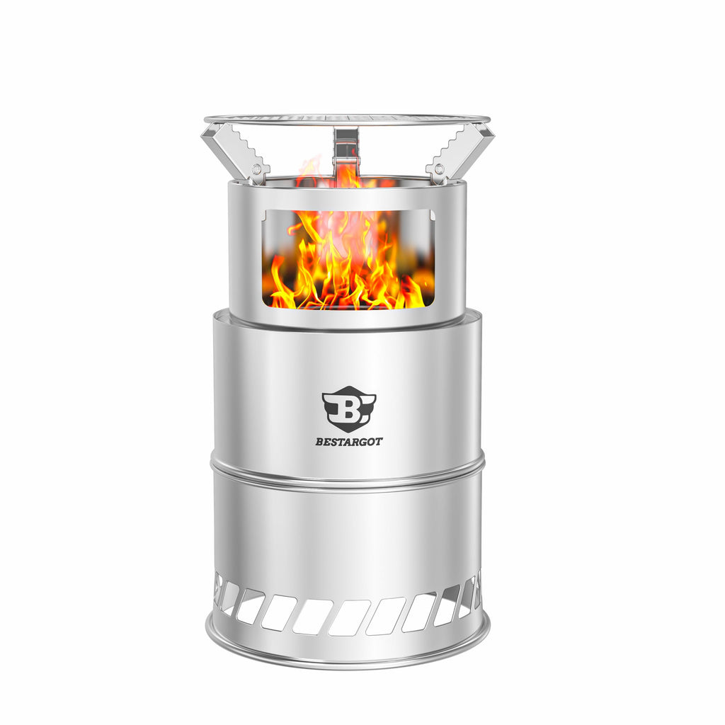 Bestargot Camping Wood Stove, Extra Large, Portable Smokeless Fire Pit, Stainless Steel, Windproof & Stackable Gas Burner For Ca