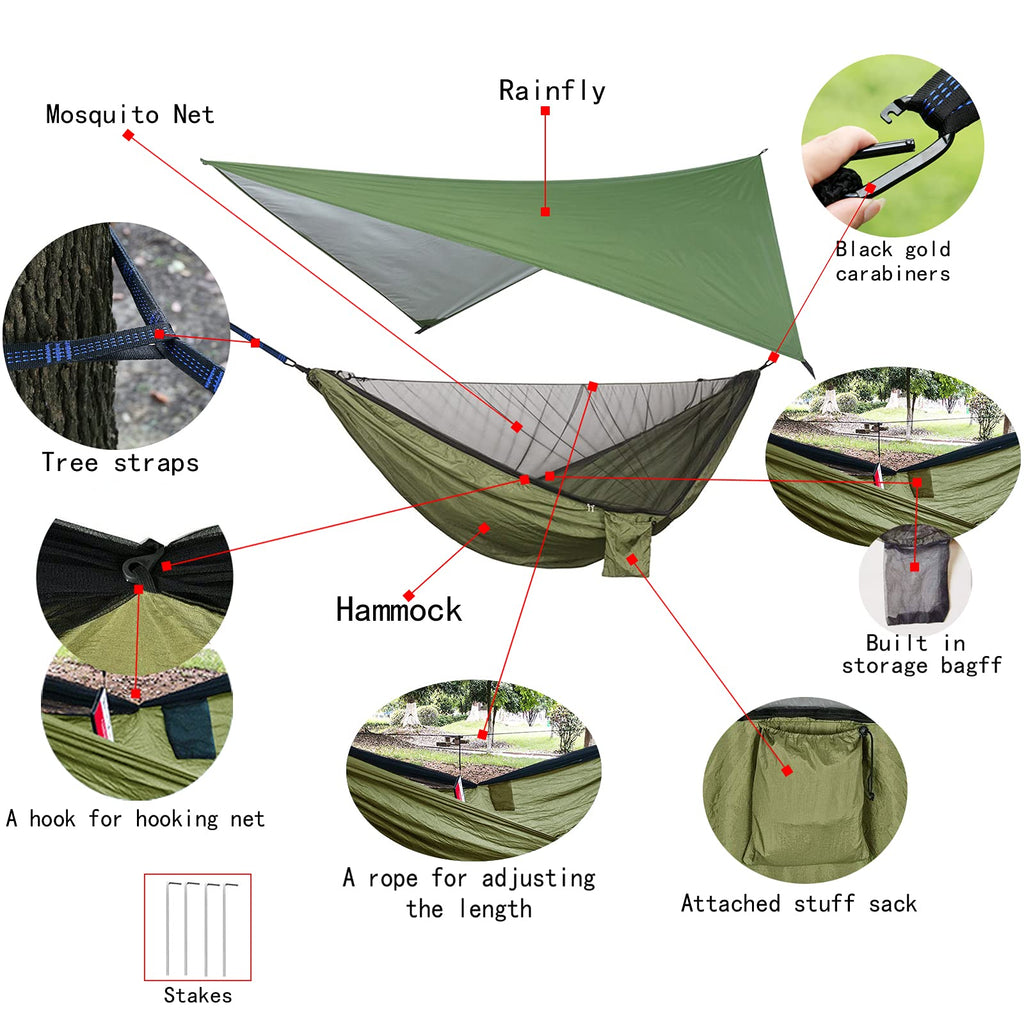 Portable Single Double Nylon High Strength Parachute Hammock Rainfly Set, Camping Hammock With Rain Fly Tarp And Mosquito Net Te