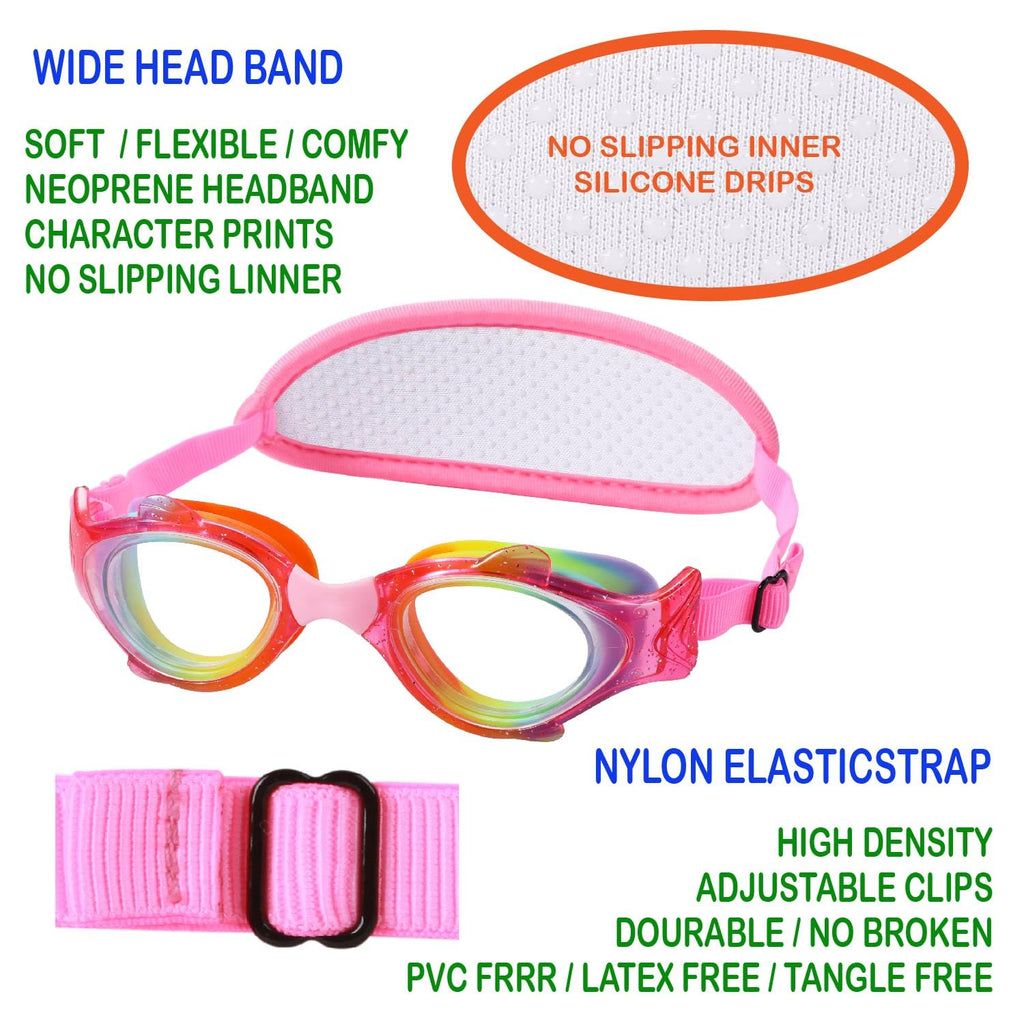 RUIGAO Kids Swim Goggles Age 2-6, Toddler Goggles No Hair Pull,UV Protection/Anti Fog/Padded HeadBand (2PK Fish - Rainbow & Blue