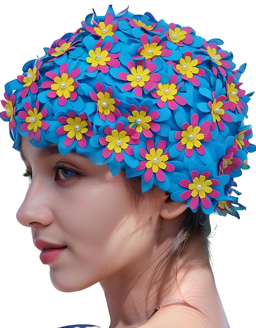 Medifier Swim Cap Floral Petal Retro Style Bathing Caps For Women Blue