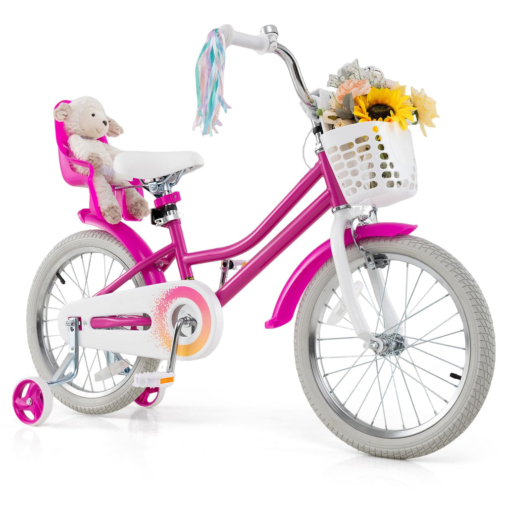 Baby Joy Girls Bike, 18 Inches Kids Bicycle W/Basket, Doll Seat, Colorful Streamers, Training Wheels, Reflectors, Handbrake & Co