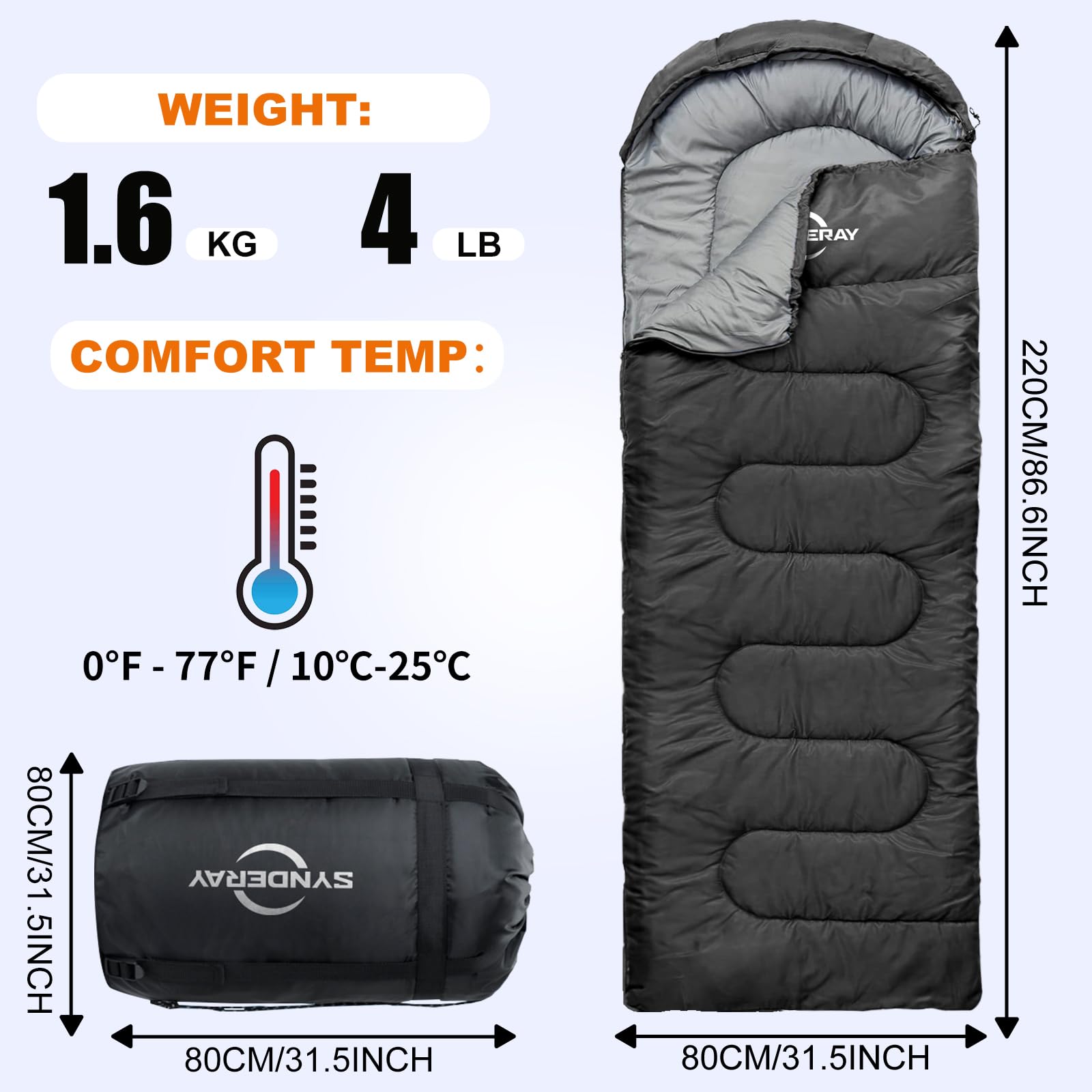 Synderay Sleeping Bags For Adults Cold Weather & Warm - Backpacking Camping Sleeping Bag For Kids 10-12, Girls, Boys - Lightweig