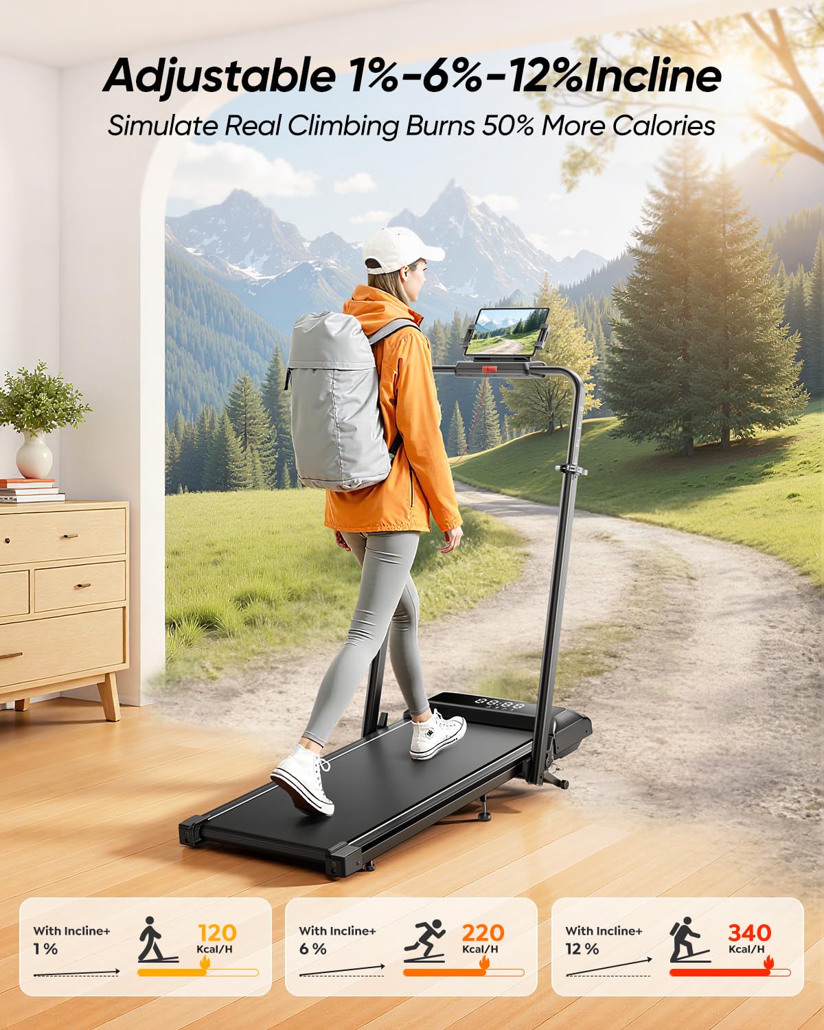 Walking Pad Treadmill with 12% Incline, Folding Treadmill with Adjustable Height Handle Bar for Home/Office