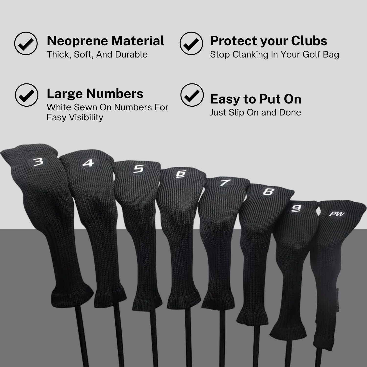 Majek All Hybrid Head Cover Golf Club Black Sleek Tight Fit Headcover Set 3-Pw Acrylic Head Covers 3 4 5 6 7 8 9 Pw Easy To See