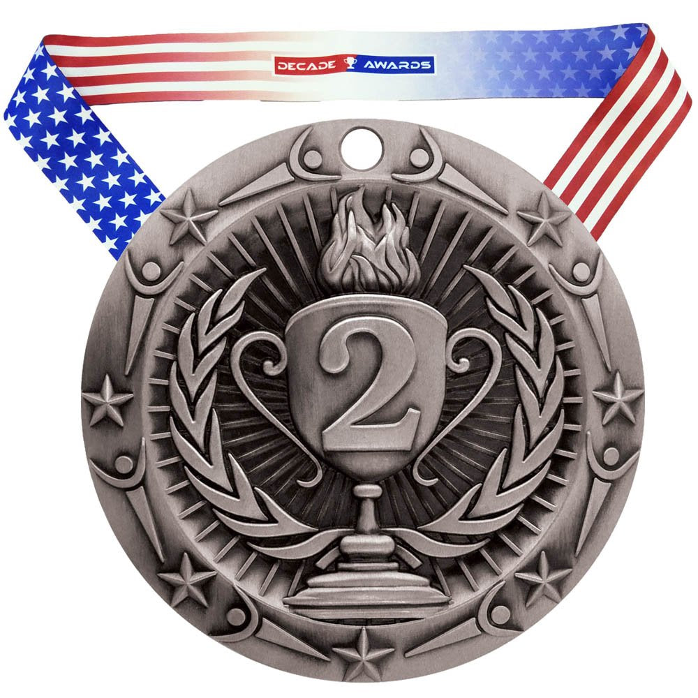 Decade Awards' 2Nd Place Silver Medal - Large Metal Award Medals With Stars & Stripes American Flag V Neck Ribbon - Perfect For 