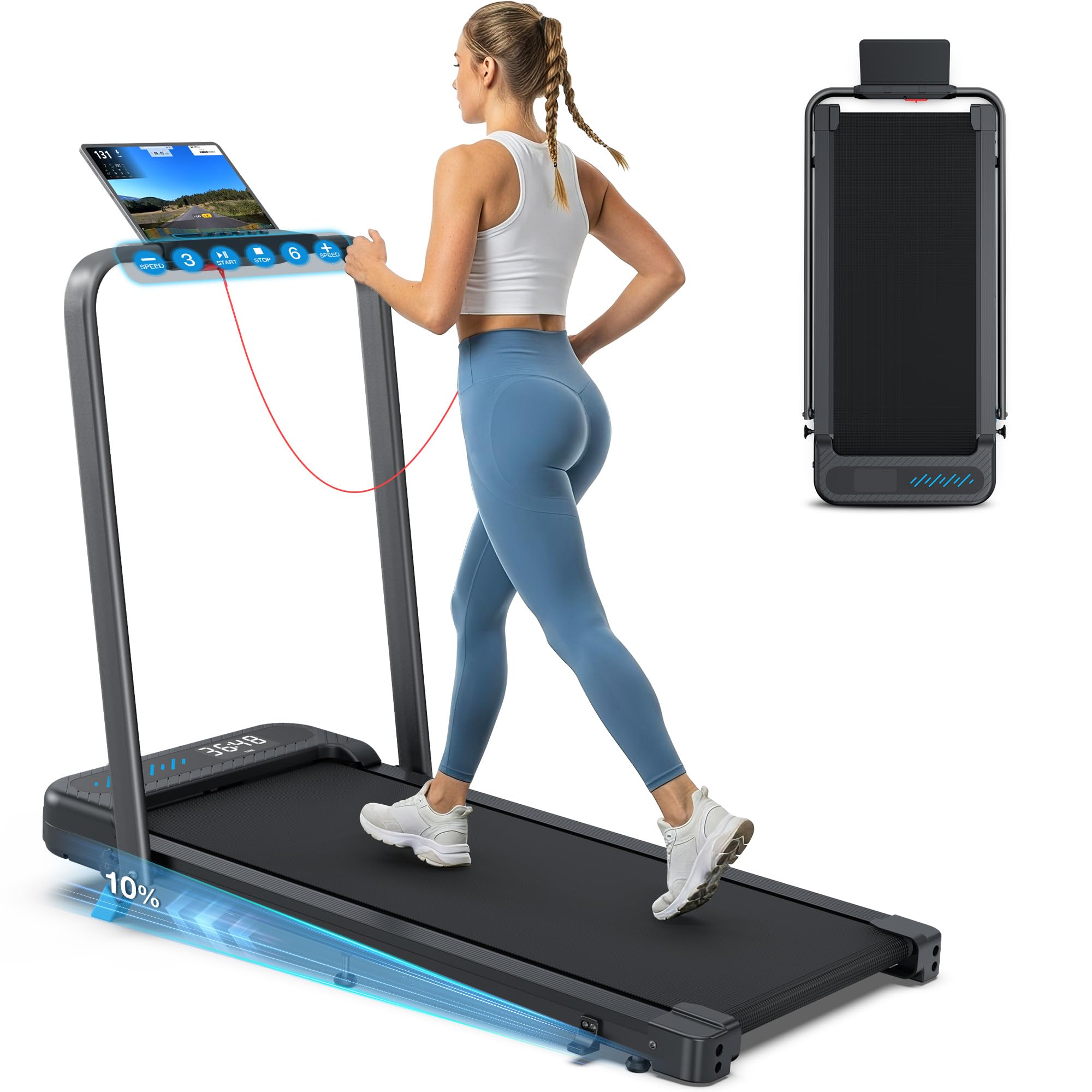 WELLFIT Foldable Treadmill with Incline, 350LB Capacity Walking Pad for Home Office Small, Smart Folding Walking Pad Treadmill w