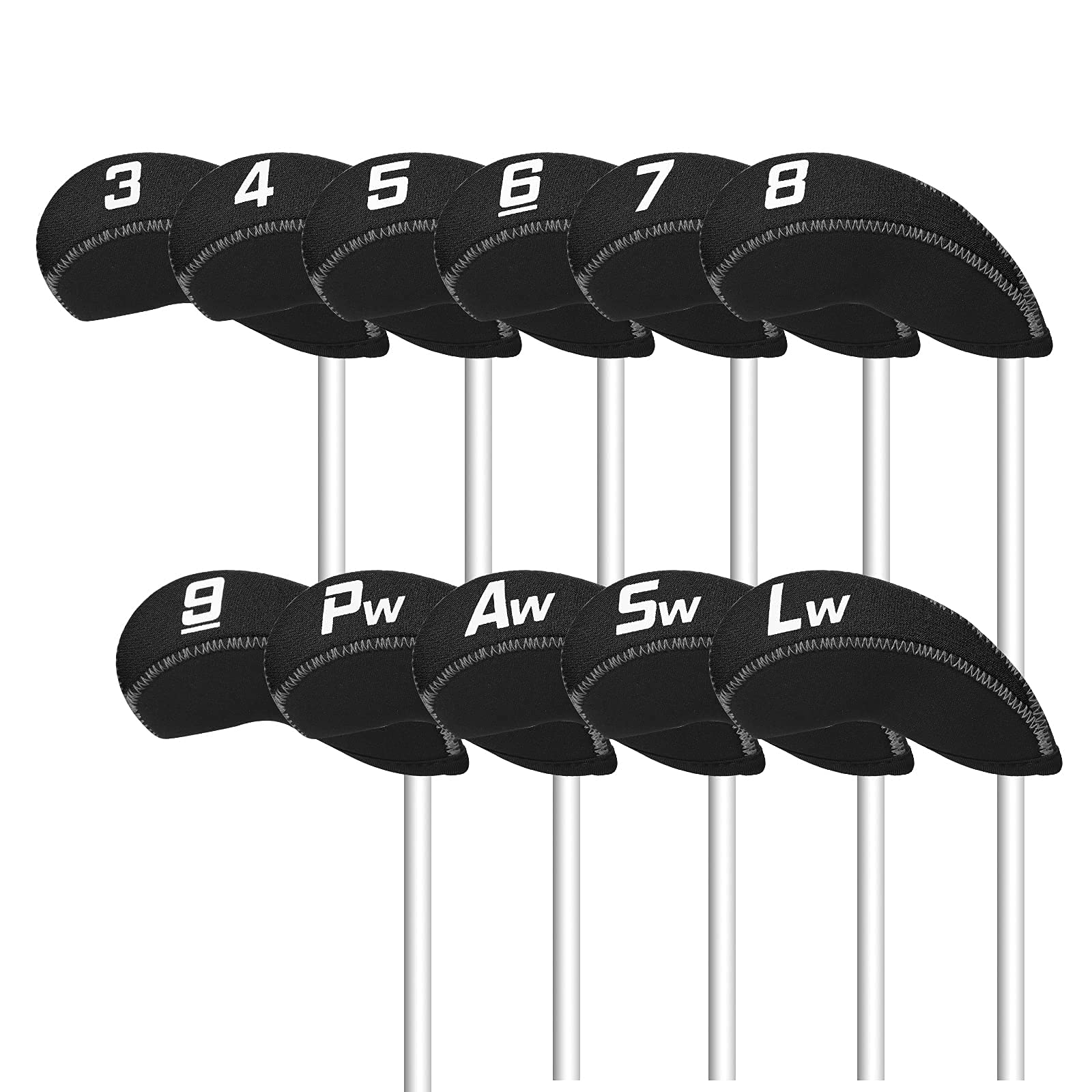 11Pcs/Set Neoprene Iron Headcover Set With Large No. For All Brands Callaway,Ping,Taylormade,Cobra Etc. (Black)