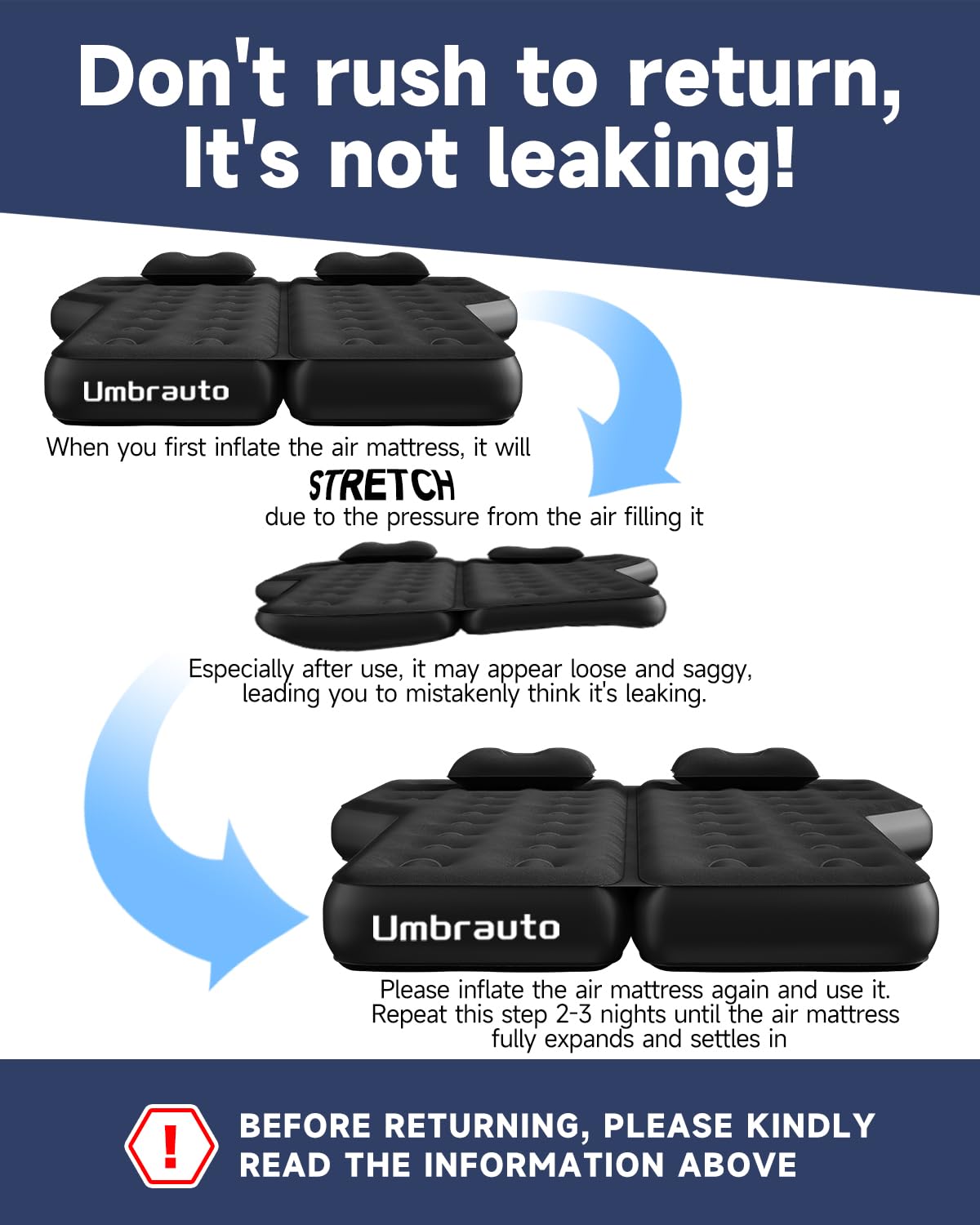 Umbrauto Heavy-Duty Suv Air Mattress W/Quick-Inflate Car Pump| Durable 2-Chamber Inflatable Van Sleeping Bed For Camping & Trave