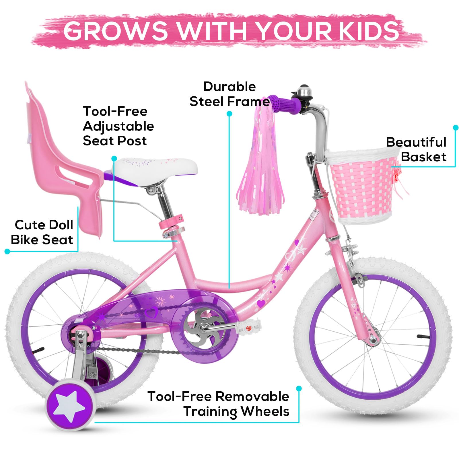 Weize Girls Bike For 3-5 Years Old Kids, 14 Inch Kids Bike With Training Wheels, Streamers, Basket And Doll Seat, Children Bicyc